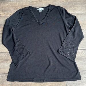 Diane Von Furstenberg Silk Assets Black Bell Sleeve Sequin V-Neck Sweater large